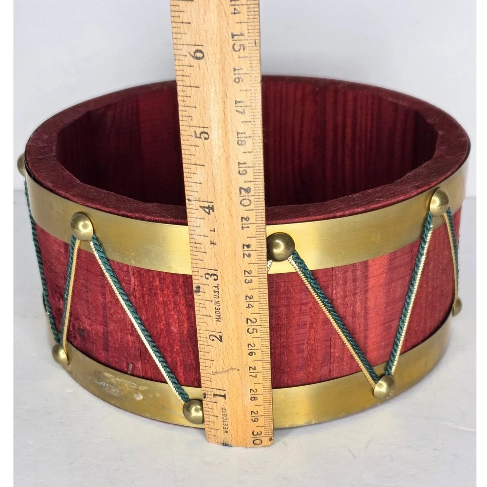 Vintage Wooden Nutcracker Drum Bowl Red Brass Gold Tassel Christmas Decor Vase